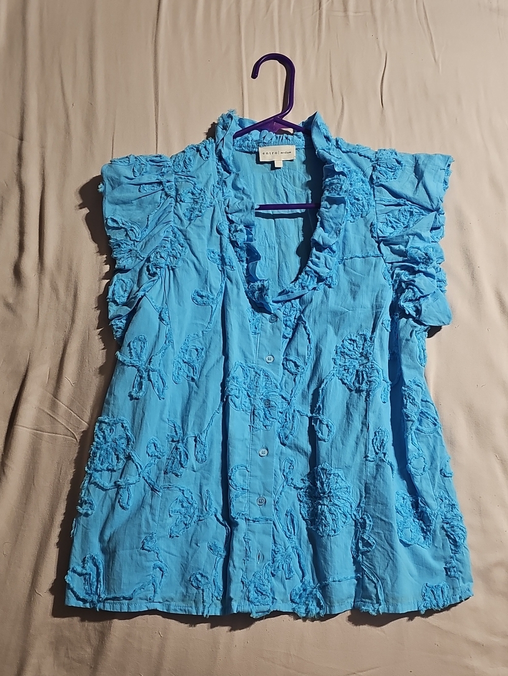Anthropologie Turquoise Blue Ruffle-Trim Button Front Blouse